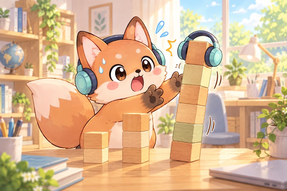 積み木の塔がぐらついてあわてるキツネのナビ助